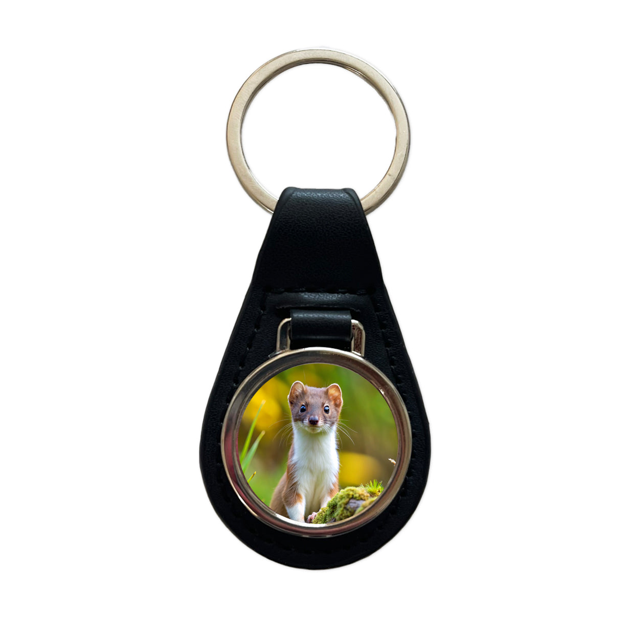Stoat Ermine Black Leather Metal Keychain