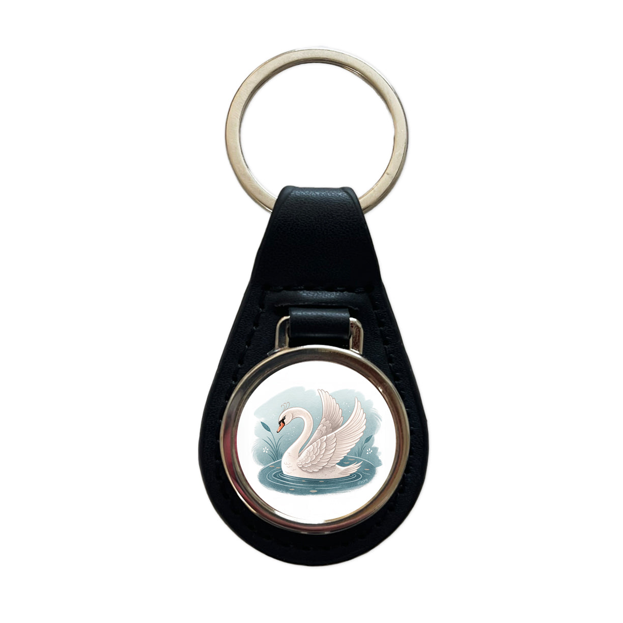 Swan Children's Illustration Style Black Leather Metal Keychain