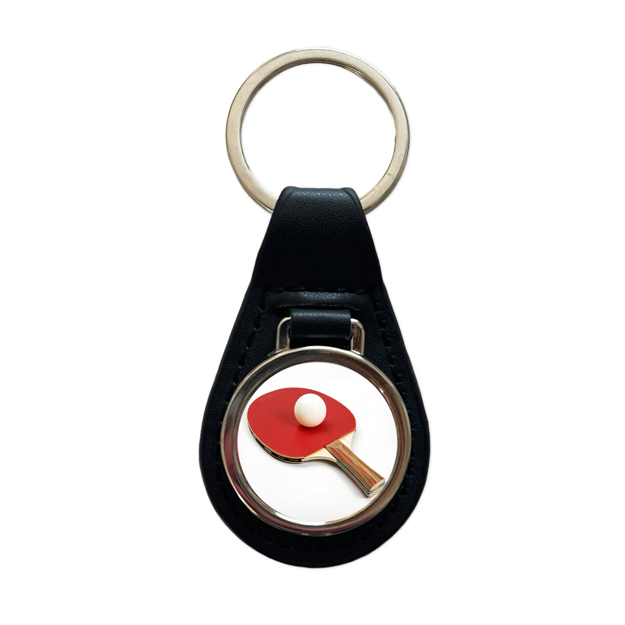 Table Tennis Ping Pong Paddle and Ball Black Leather Metal Keychain