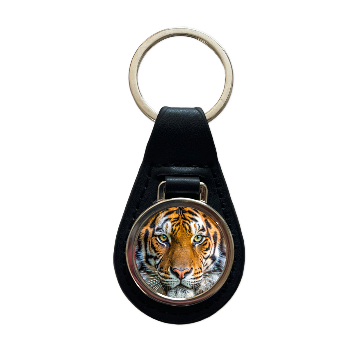 Tiger Face Black Leather Metal Keychain