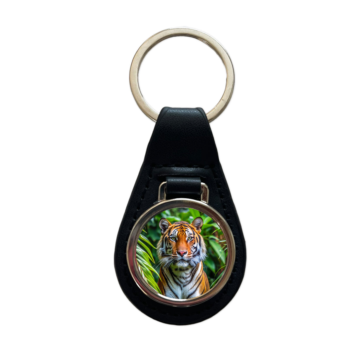 Tiger In The Jungle Black Leather Metal Keychain