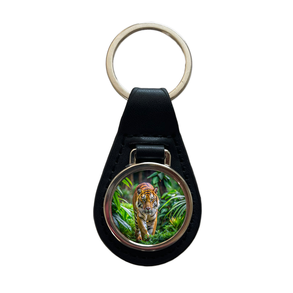 Tiger Stalking Prey In The Jungle Black Leather Metal Keychain