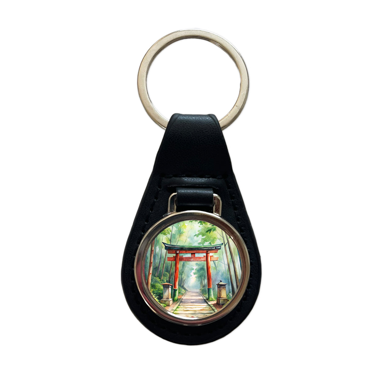 Torii Gate Leading To Forest Shrine Watercolor Black Leather Metal Keychain