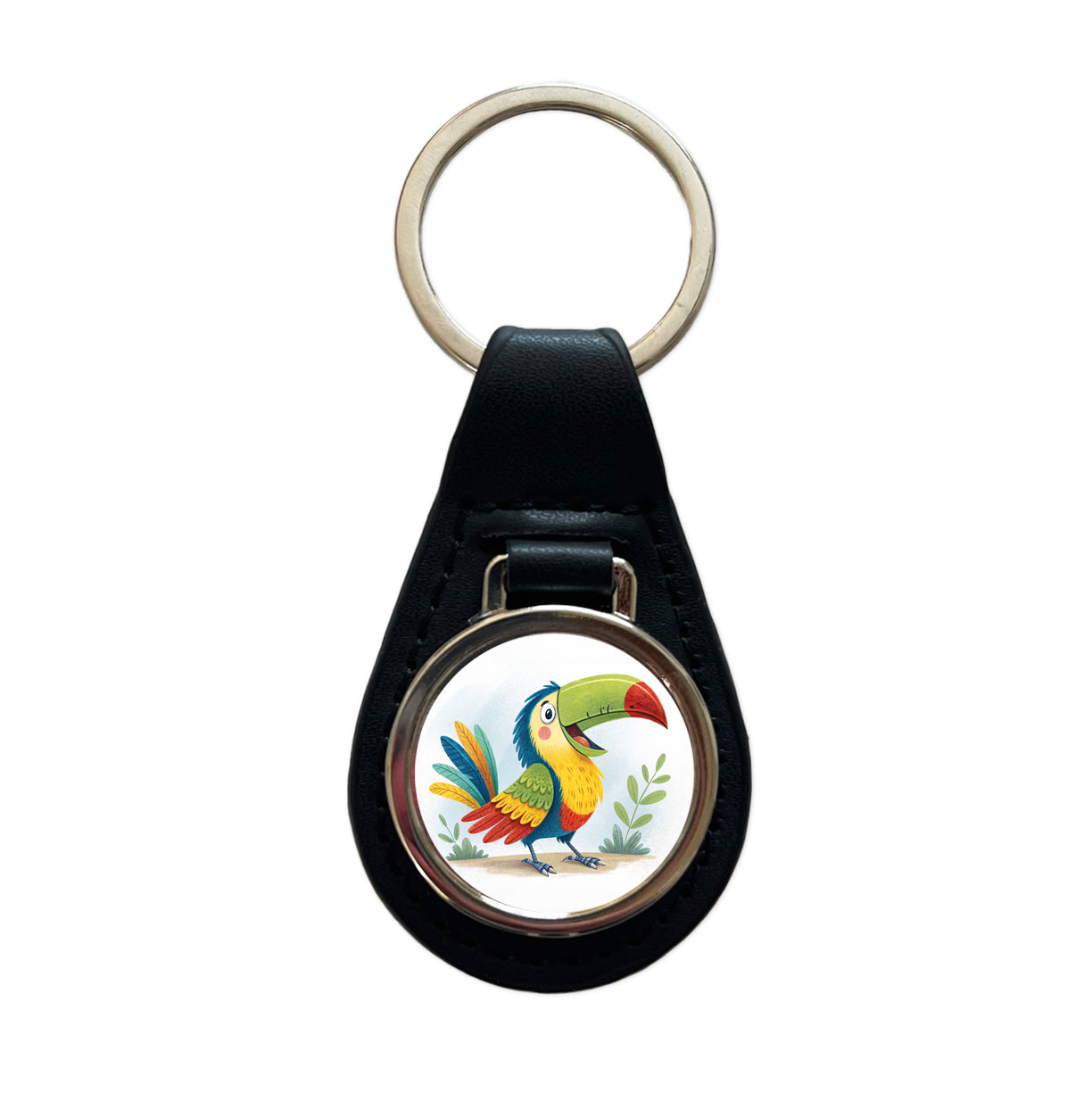 Toucan Bird Children's Illustration Style Black Leather Metal Keychain