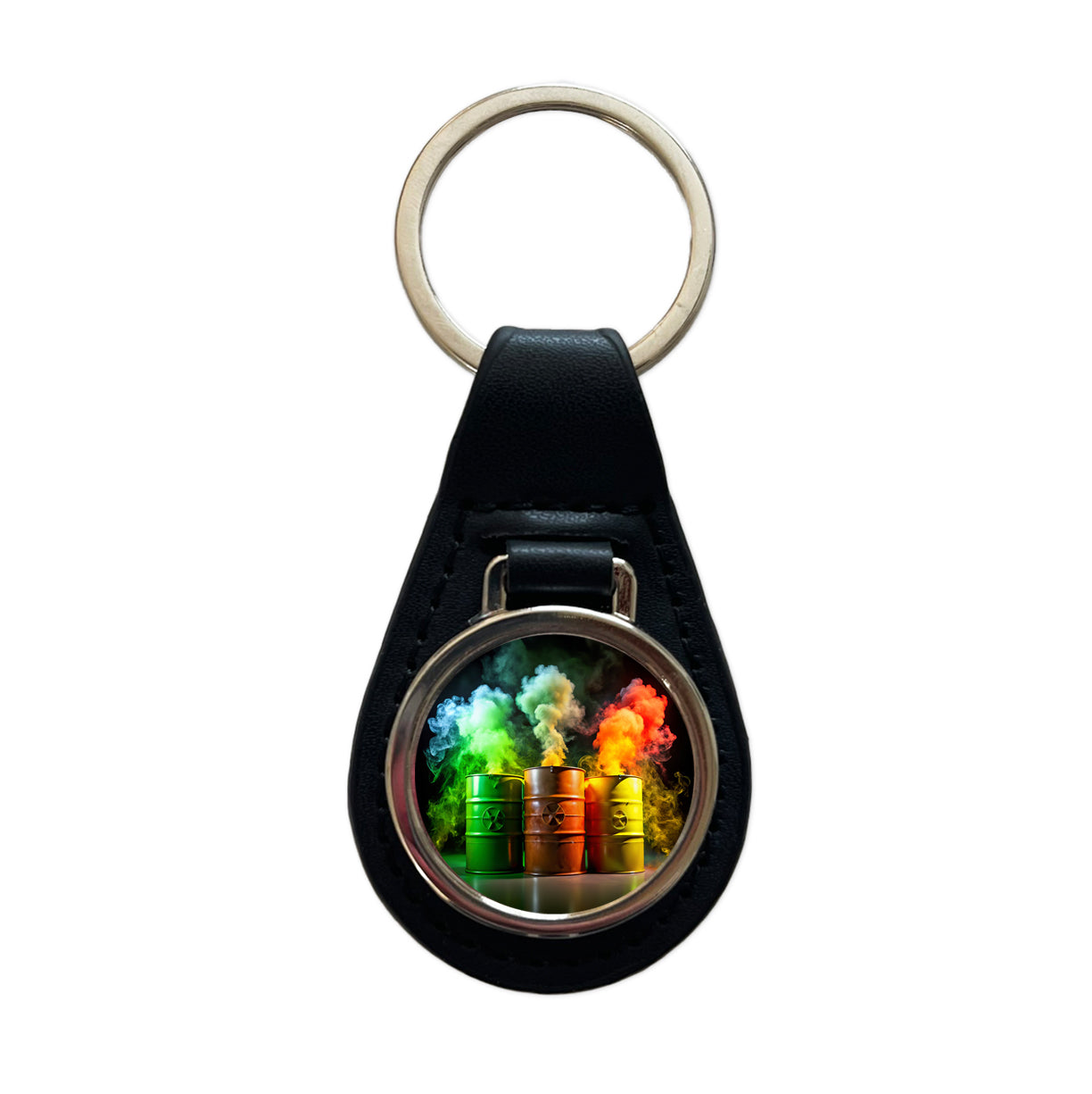 Toxic Waste Barrels Black Leather Metal Keychain