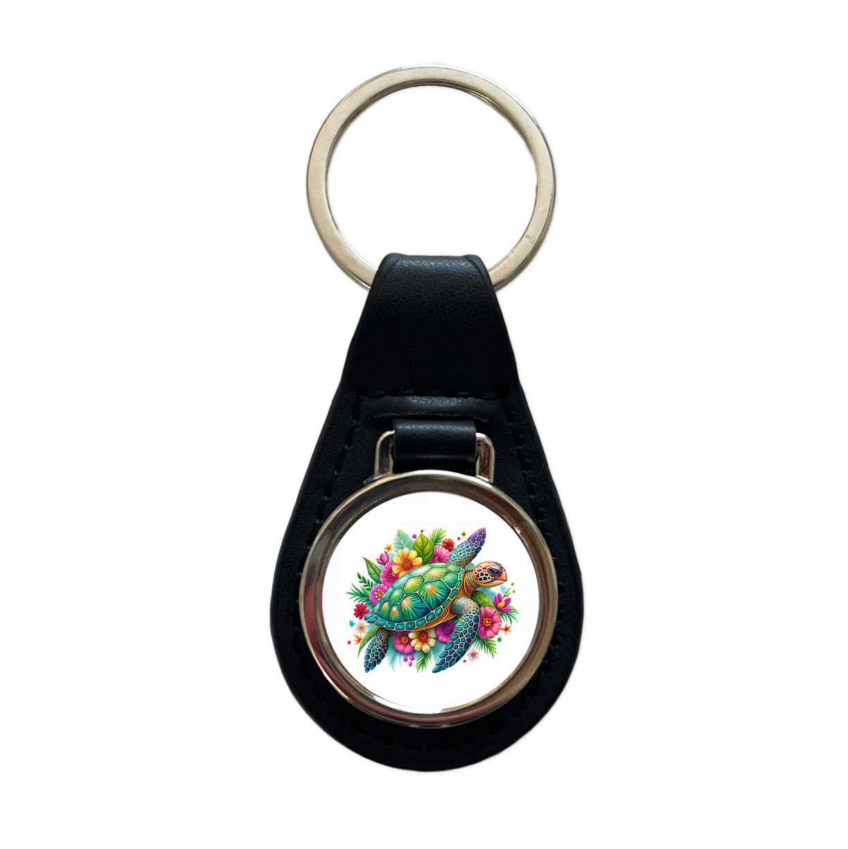 Tropical Sea Turtle Floral Design Black Leather Metal Keychain