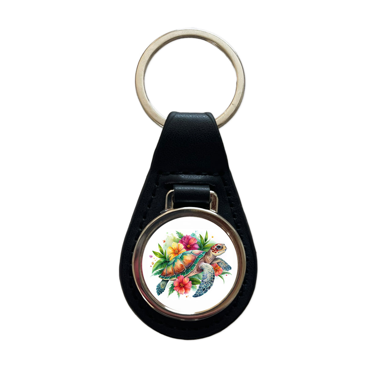 Tropical Sea Turtle Hibiscus Floral Watercolor Black Leather Metal Keychain