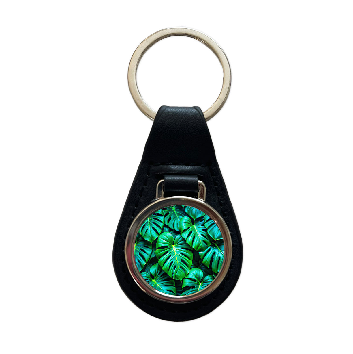 Vibrant Neon Green Monstera Leaves Black Leather Metal Keychain