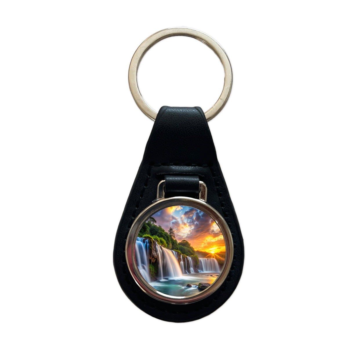 Waterfalls At Sunset Black Leather Metal Keychain