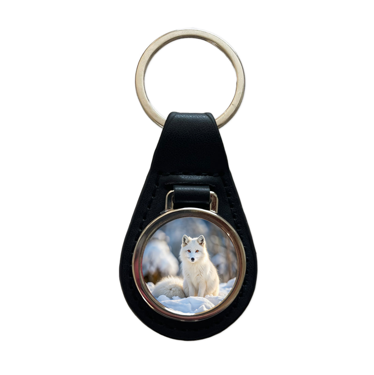 White Arctic Fox In The Snow Black Leather Metal Keychain