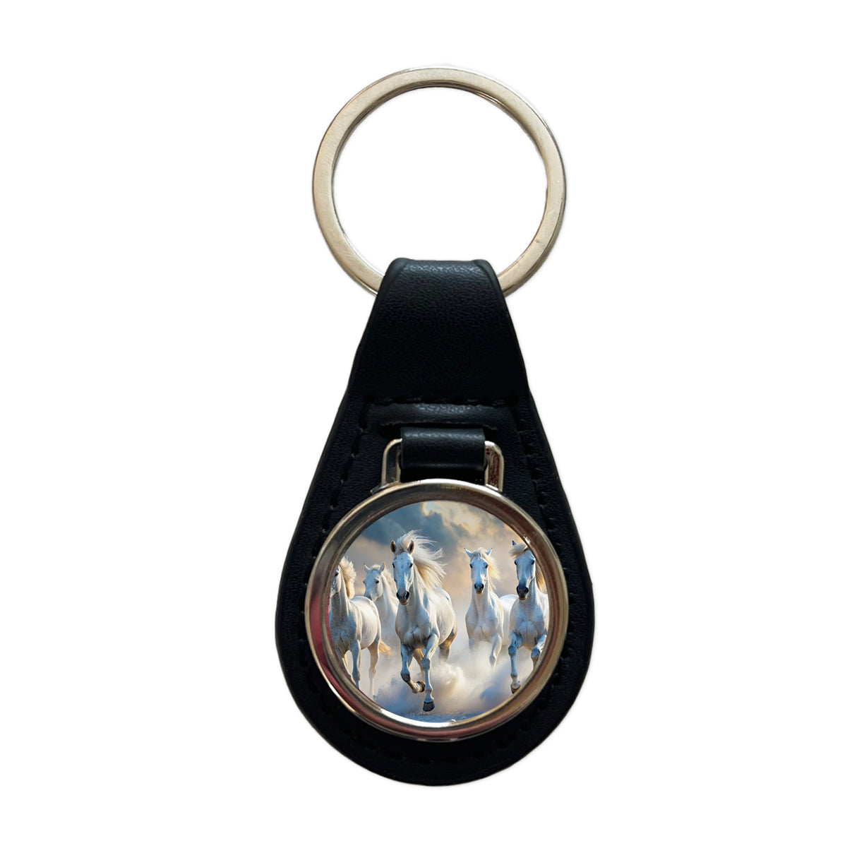 White Horses Galloping Black Leather Metal Keychain