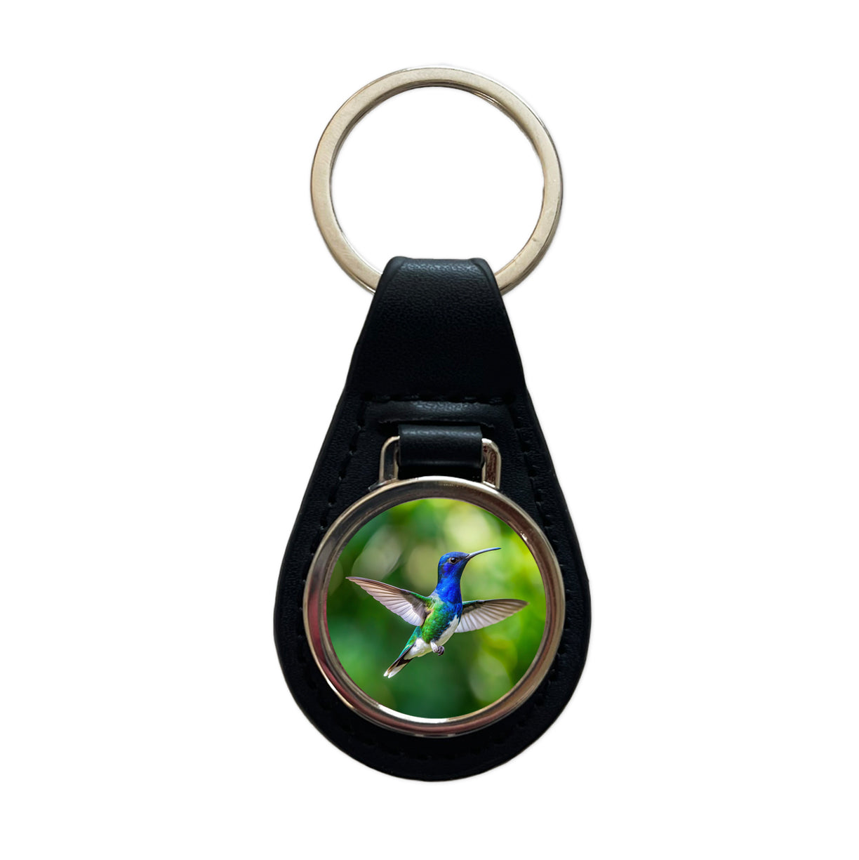 White Necked Jacobin Hummingbird Backyard Bird Black Leather Metal Keychain