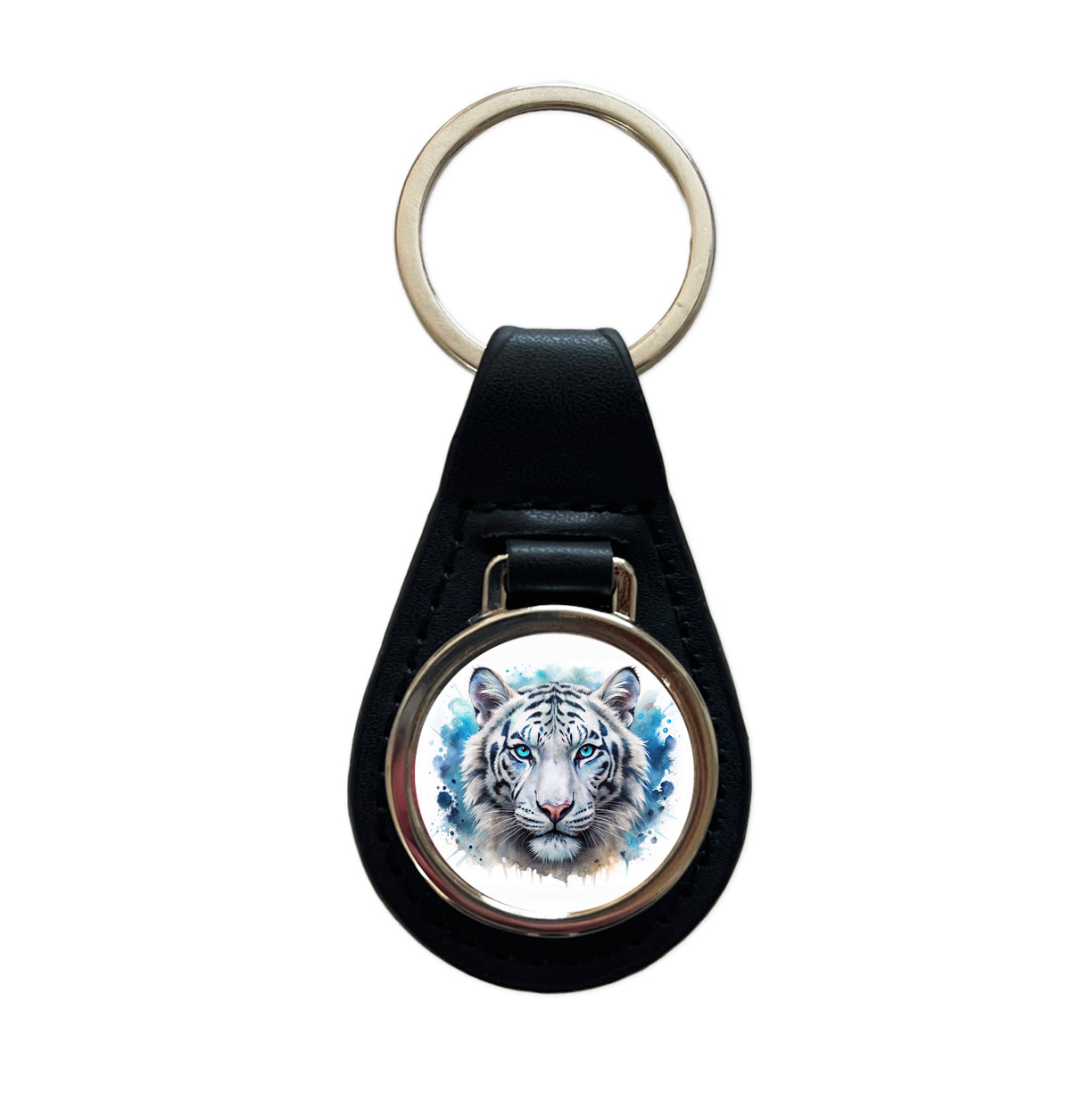 White Tiger Face Watercolor Black Leather Metal Keychain