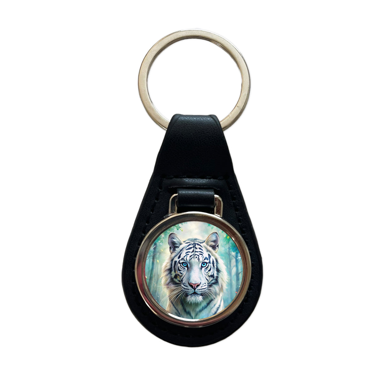 White Tiger In Forest Watercolor Black Leather Metal Keychain