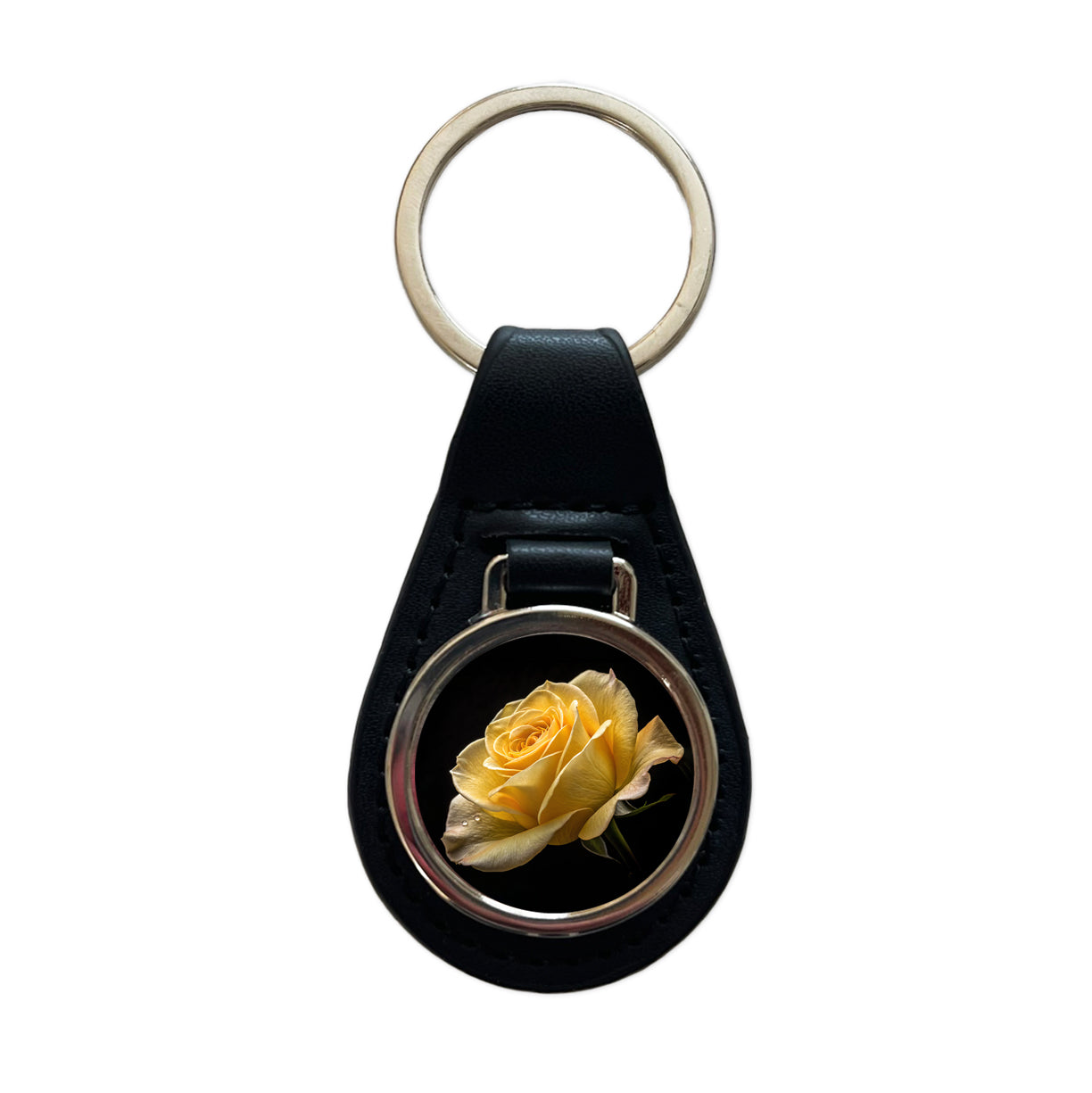 Yellow Rose Black Leather Metal Keychain