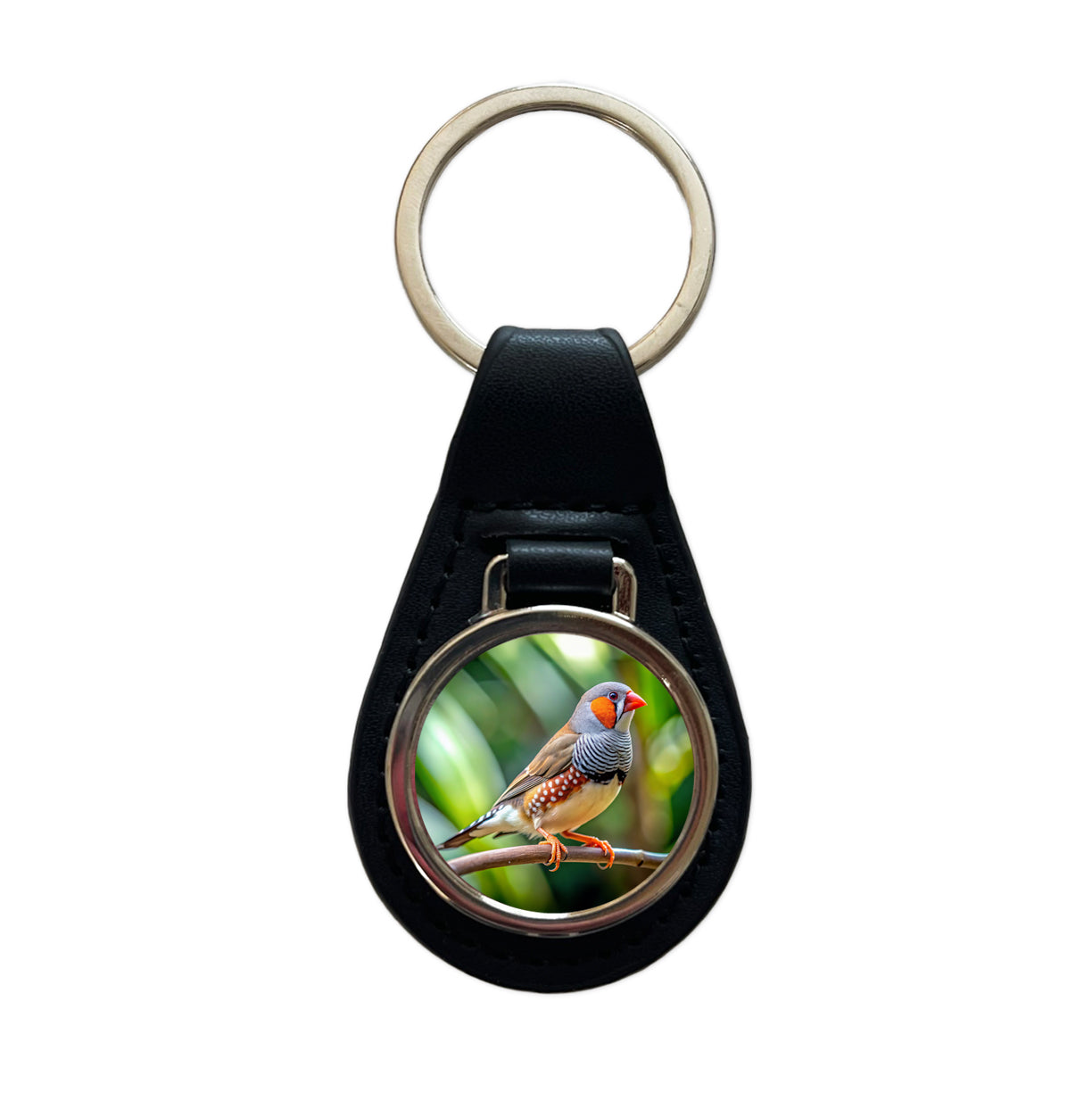 Zebra Finch Backyard Bird Black Leather Metal Keychain