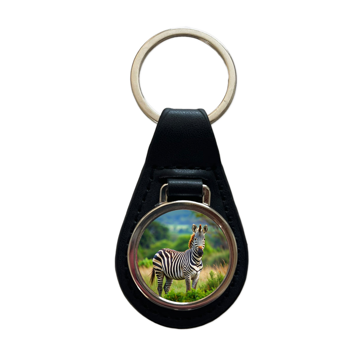 Zebra Black Leather Metal Keychain