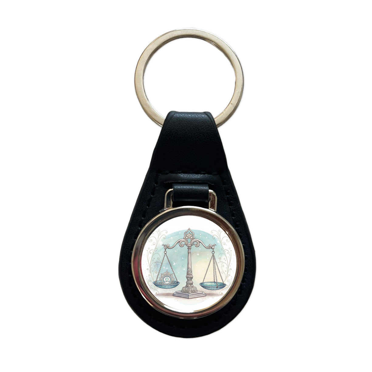 Zodiac Horoscope Symbol Libra Scales Black Leather Metal Keychain