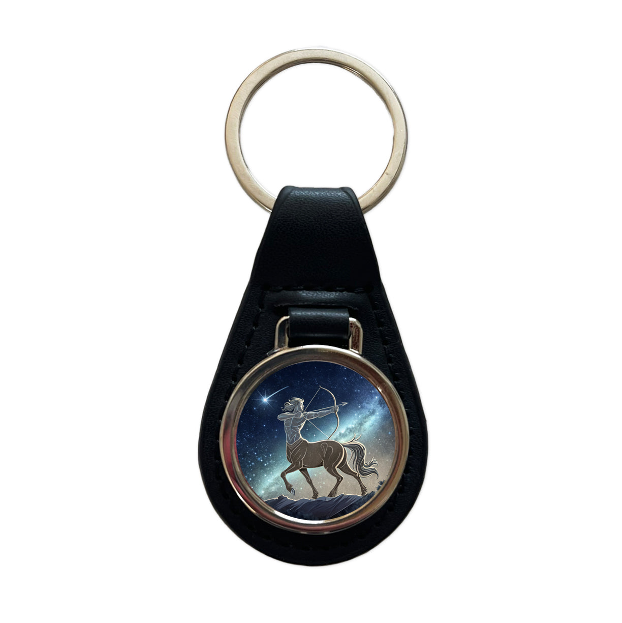 Zodiac Horoscope Symbol Sagittarius Centaur Black Leather Metal Keychain