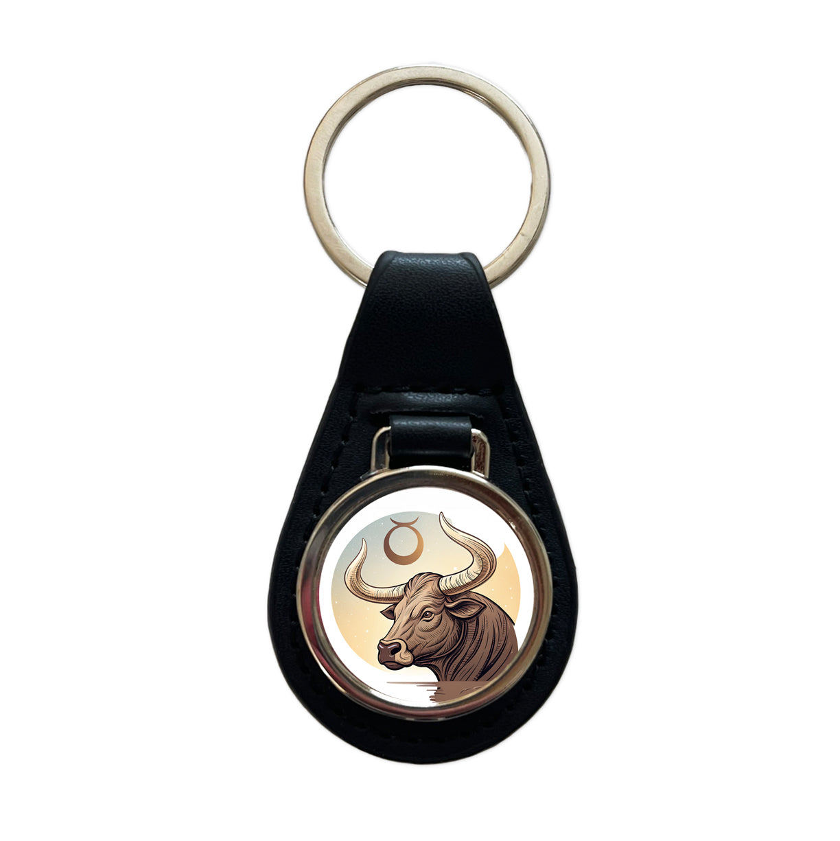 Zodiac Horoscope Symbol Taurus Bull Black Leather Metal Keychain
