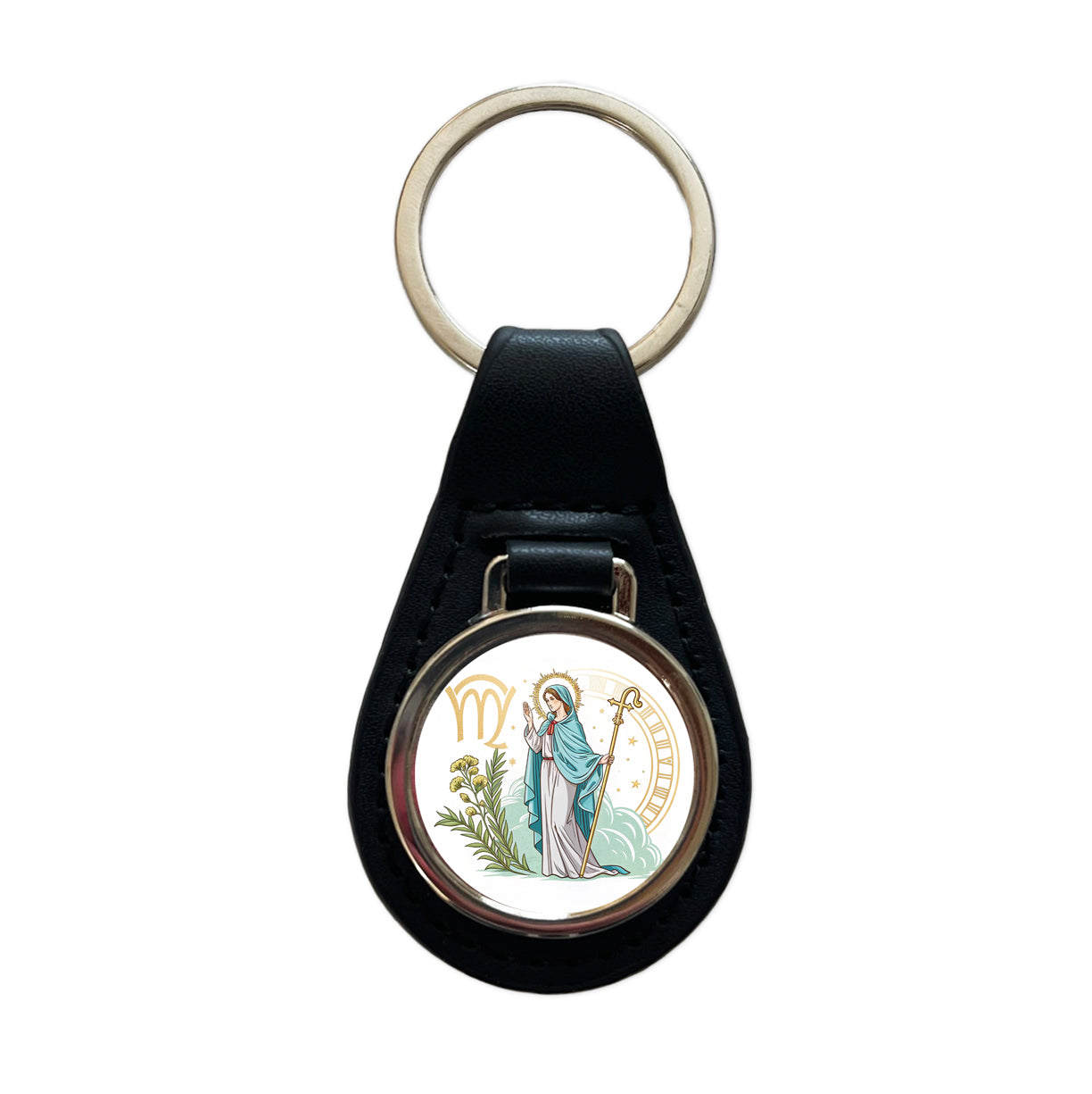Zodiac Horoscope Symbol Virgo Maiden Virgin Black Leather Metal Keychain