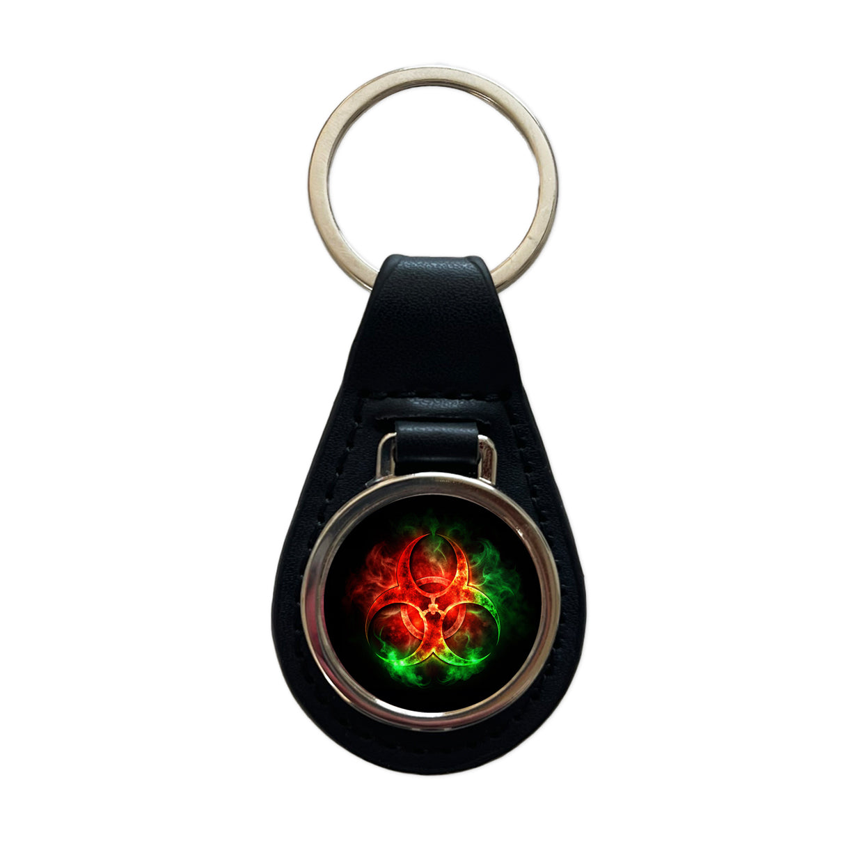 Zombie Outbreak Symbol With Red Green Toxic Gasses Black Leather Metal Keychain