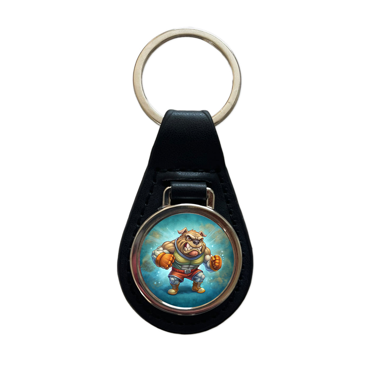 Fighting Bulldog School Mascot Black Leather Metal Keychain