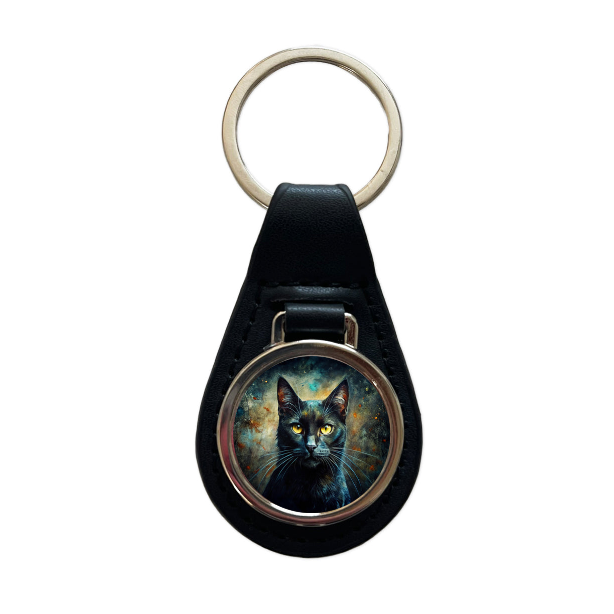 Black Cat Abstract Art Black Leather Metal Keychain