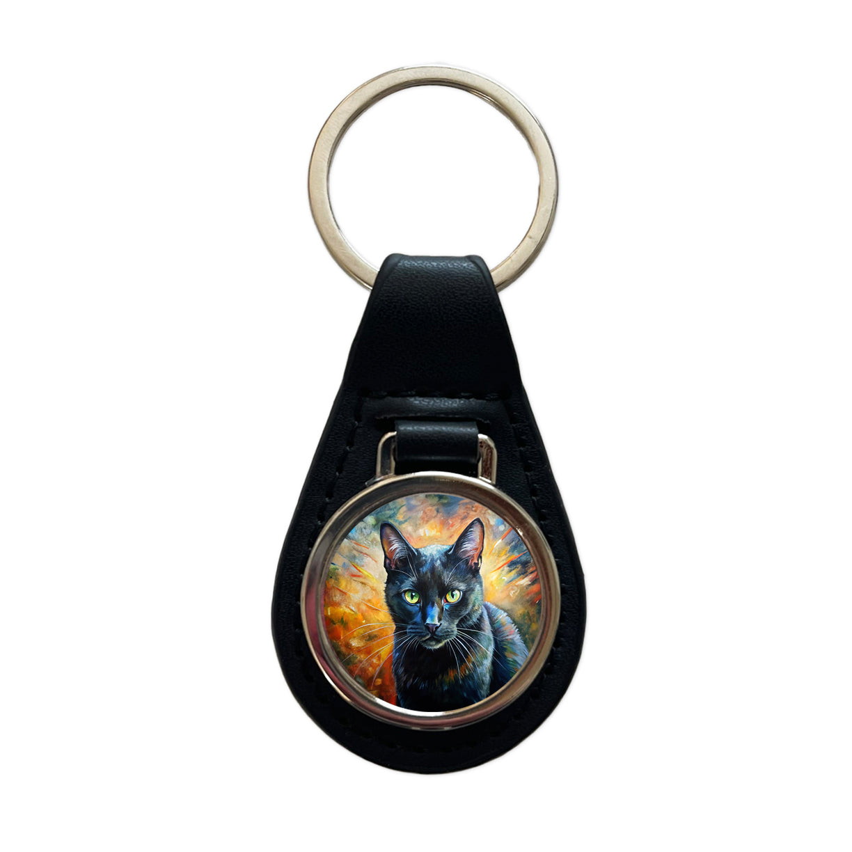 Black Cat Expressionism Art Black Leather Metal Keychain