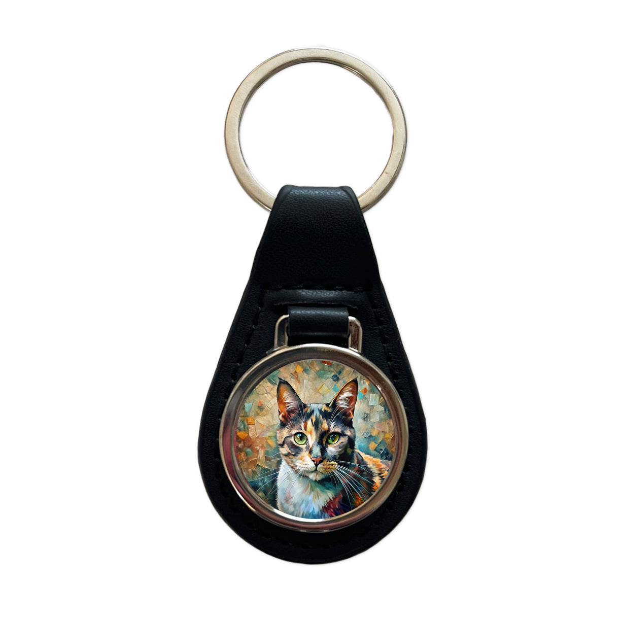 Calico Cat Abstract Art Black Leather Metal Keychain