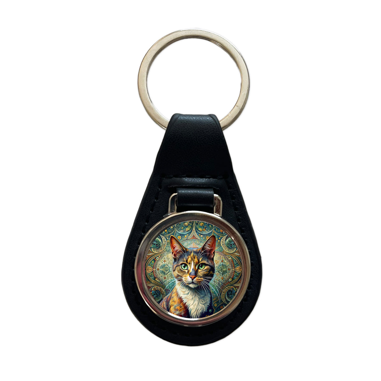 Calico Cat Bohemian Art Black Leather Metal Keychain