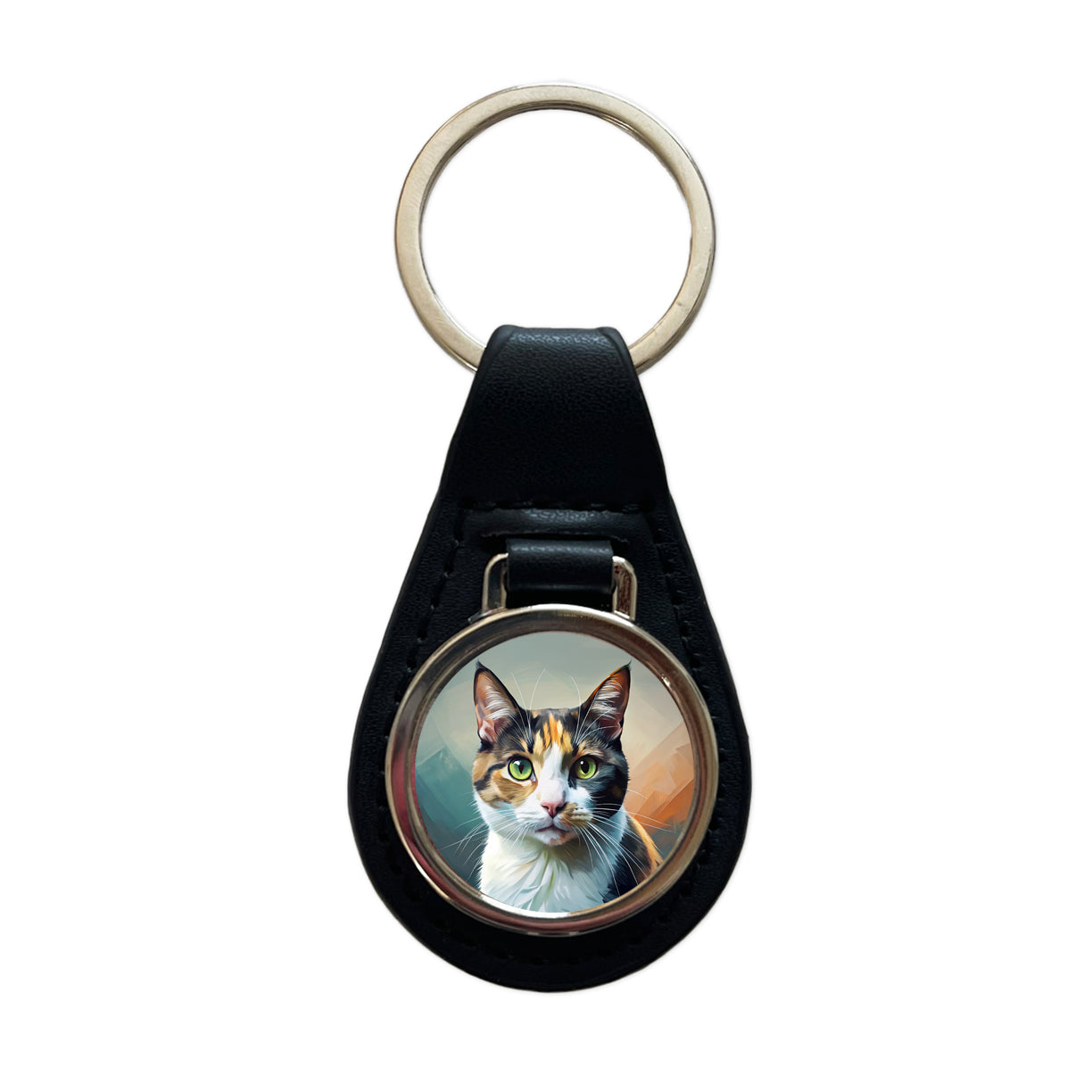 Calico Cat Contemporary Art Black Leather Metal Keychain