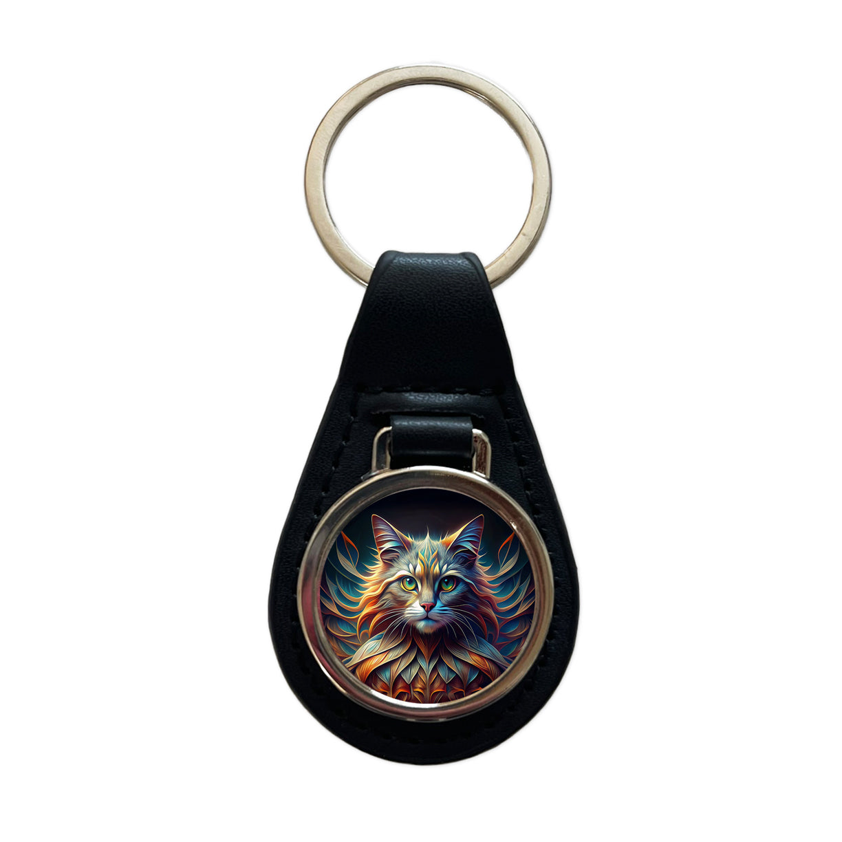 Persian Cat Abstract Stylized Art Black Leather Metal Keychain
