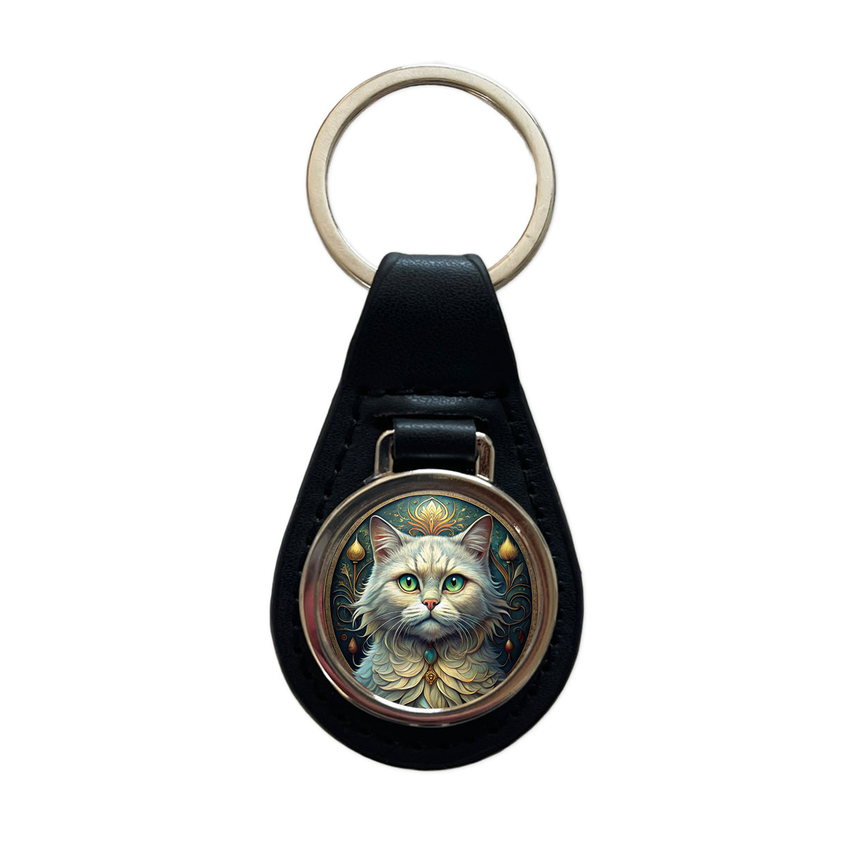 Persian Cat Art Nouveau Black Leather Metal Keychain