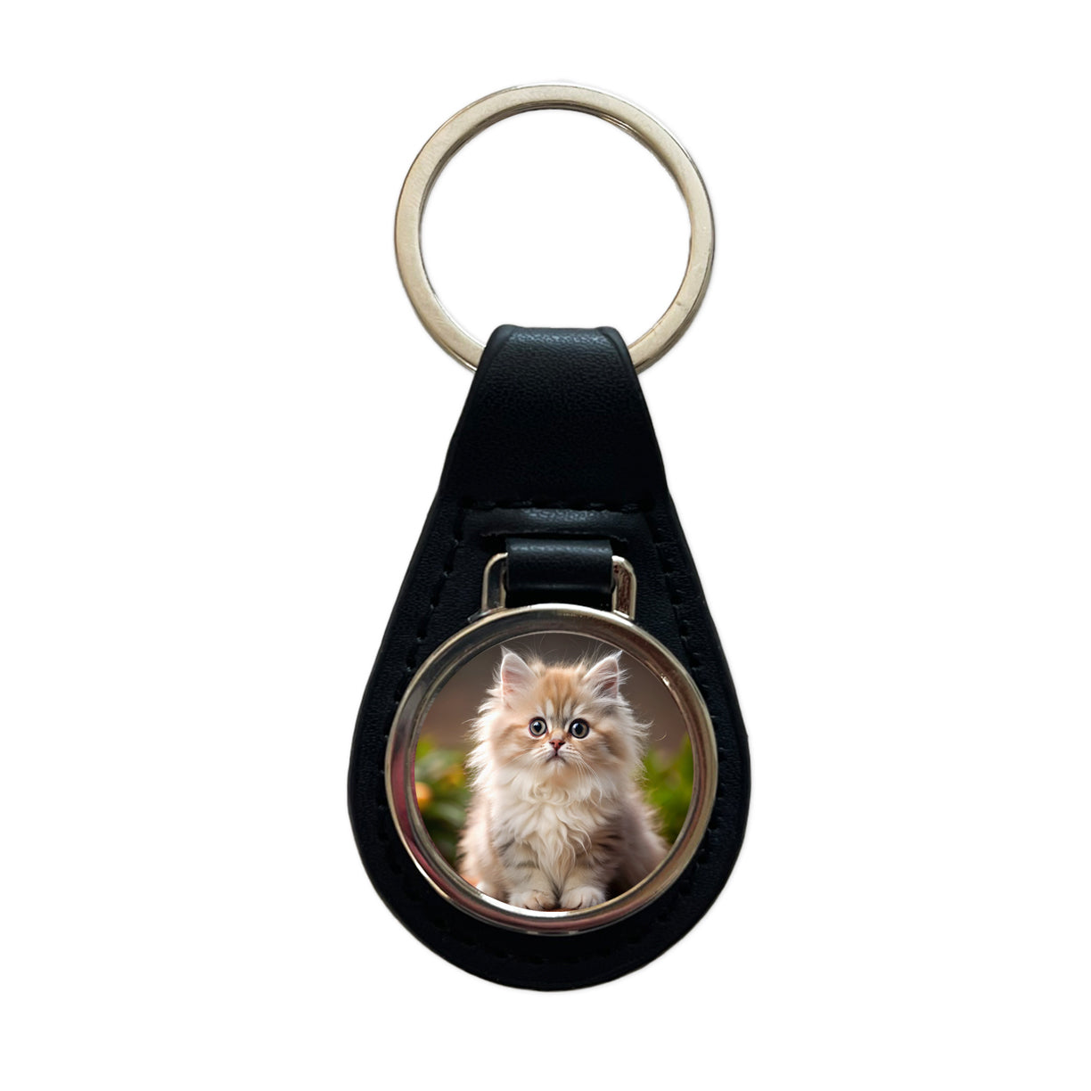 Persian Cat Kitten Photo Black Leather Metal Keychain