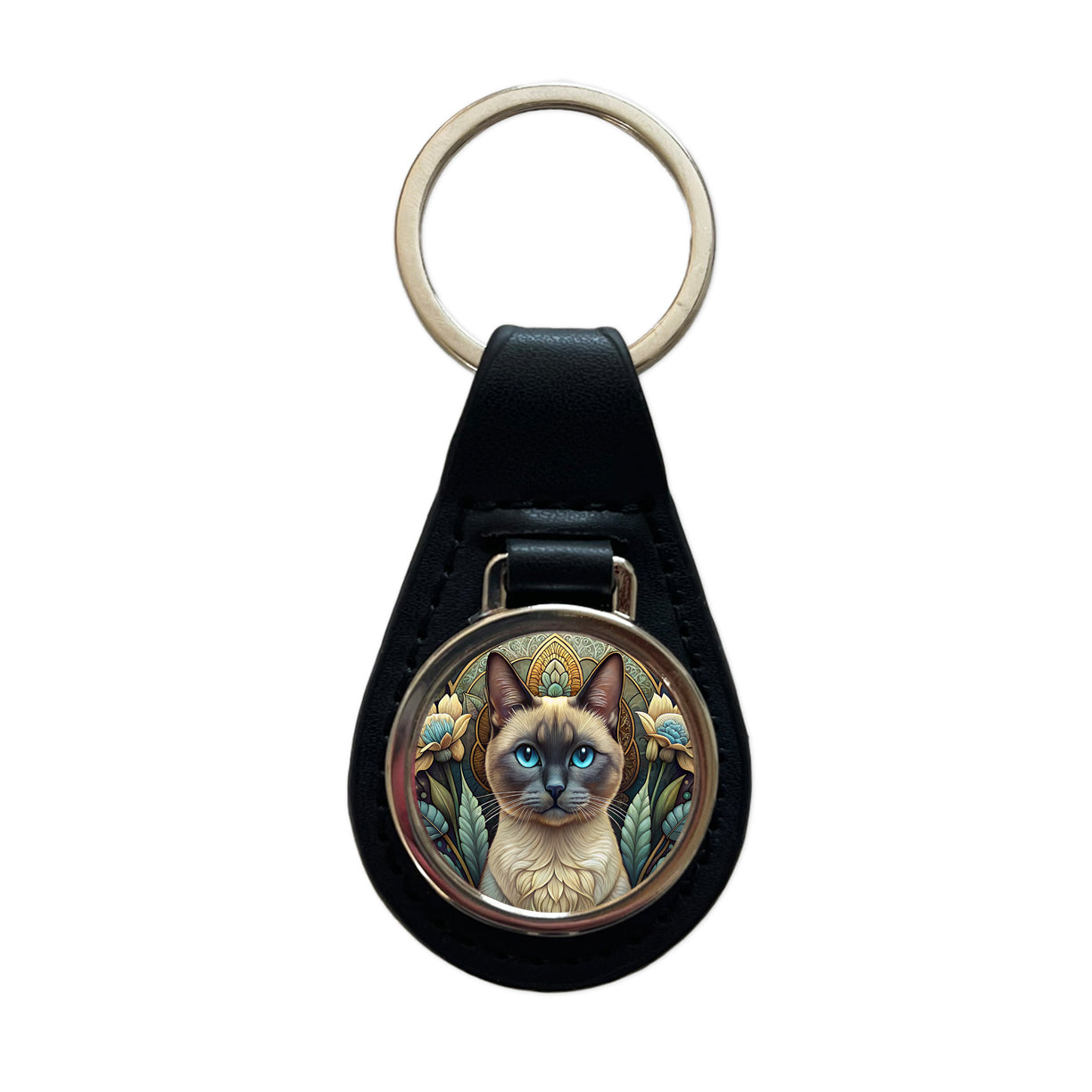 Siamese Cat Art Nouveau Black Leather Metal Keychain