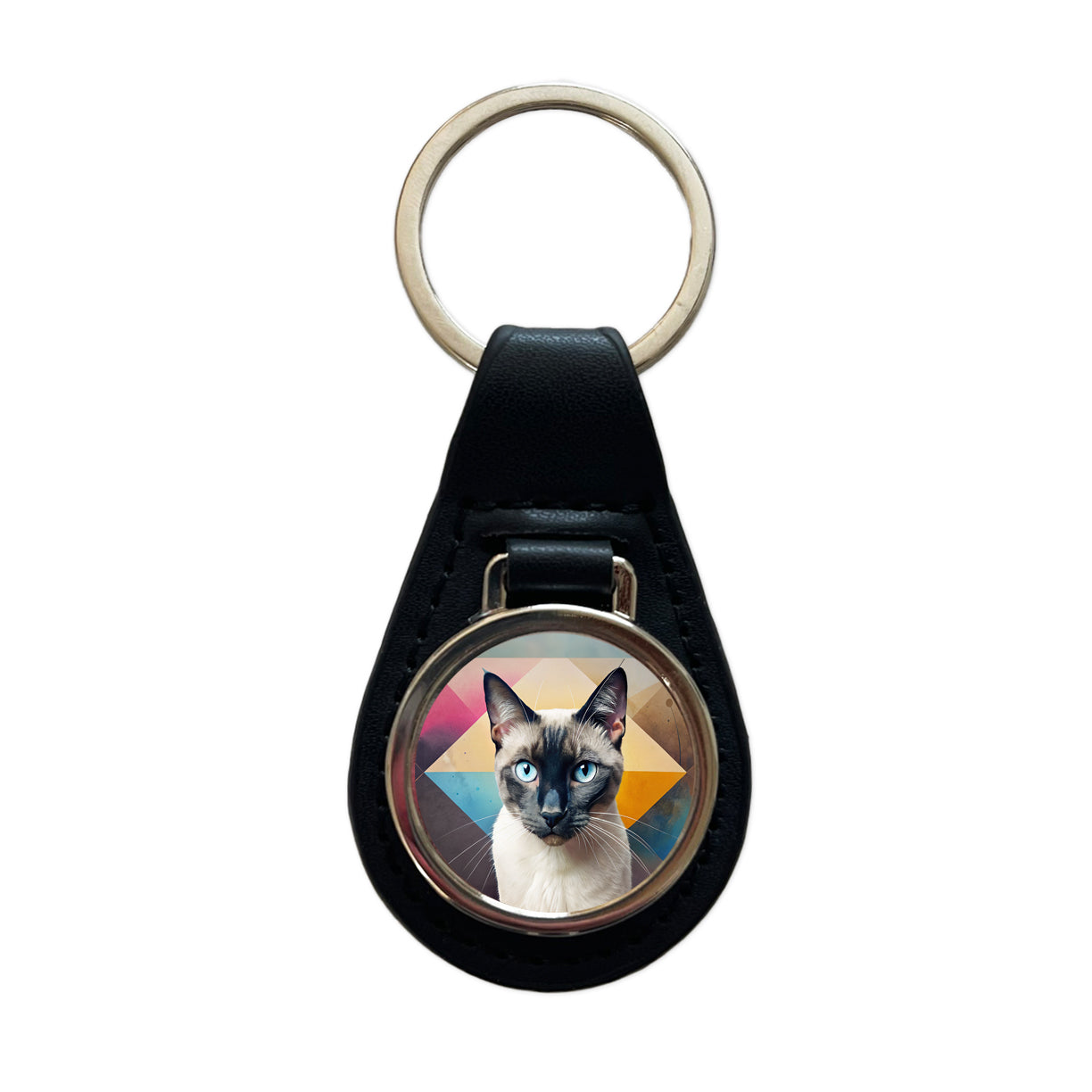 Siamese Cat Contemporary Art Black Leather Metal Keychain