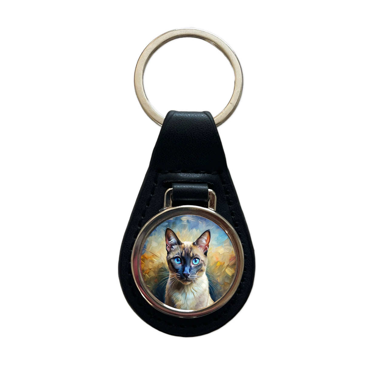 Siamese Cat Expressionism Art Black Leather Metal Keychain