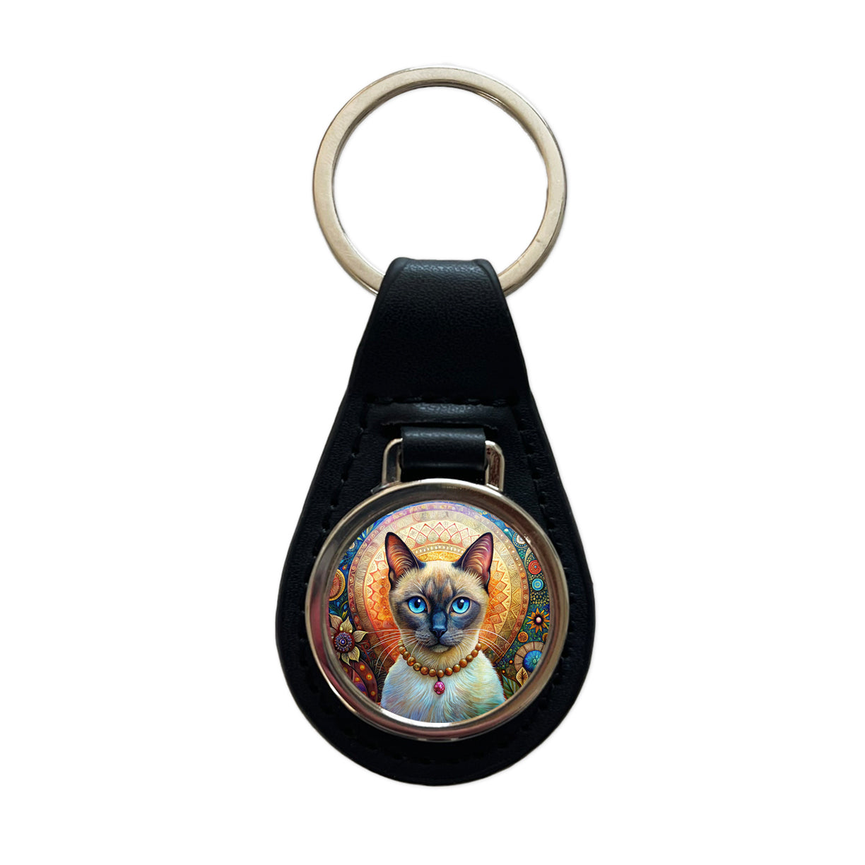 Siamese Cat French Bohemian Art Black Leather Metal Keychain