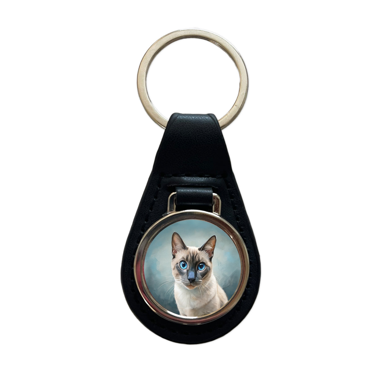 Siamese Cat Illustration Black Leather Metal Keychain