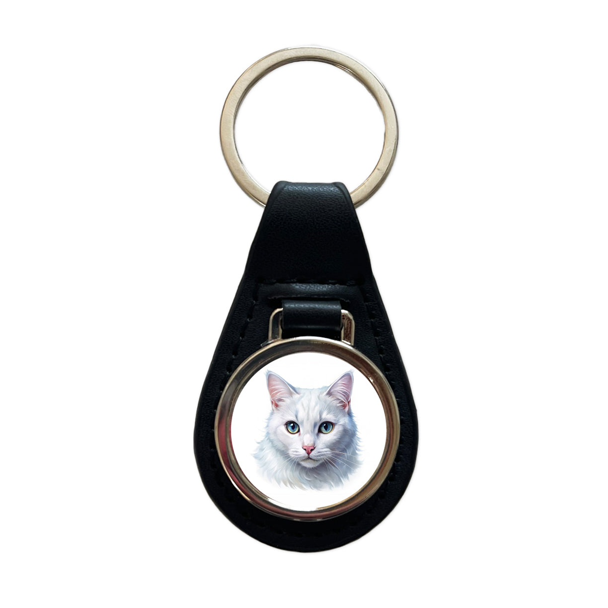 White Cat Illustration Black Leather Metal Keychain