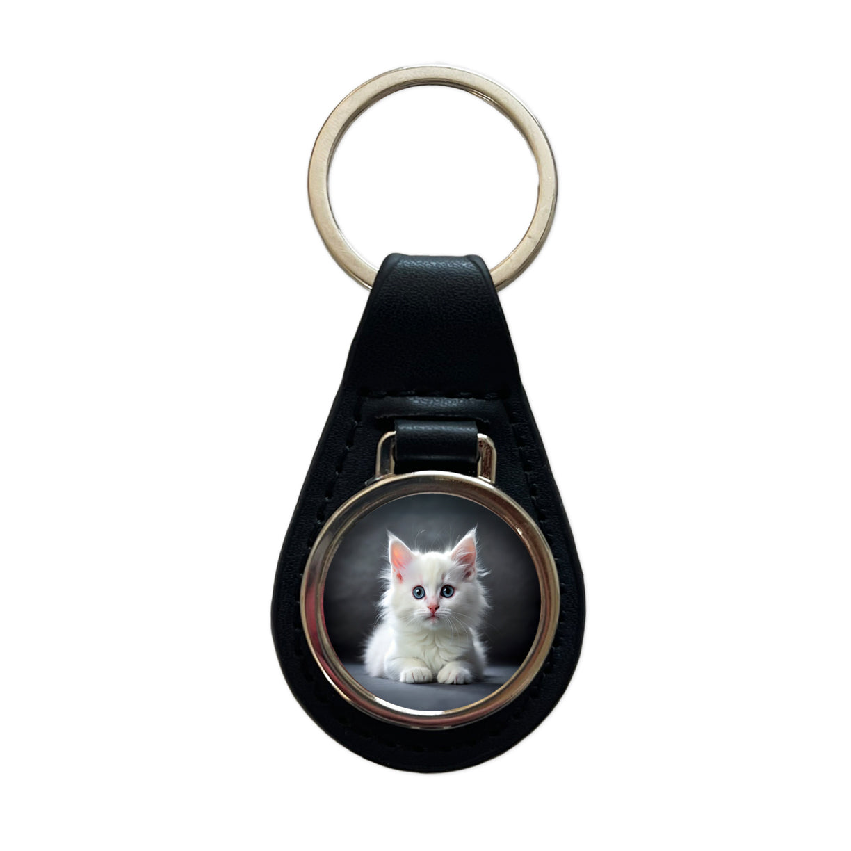 White Cat Kitten Photo Black Leather Metal Keychain
