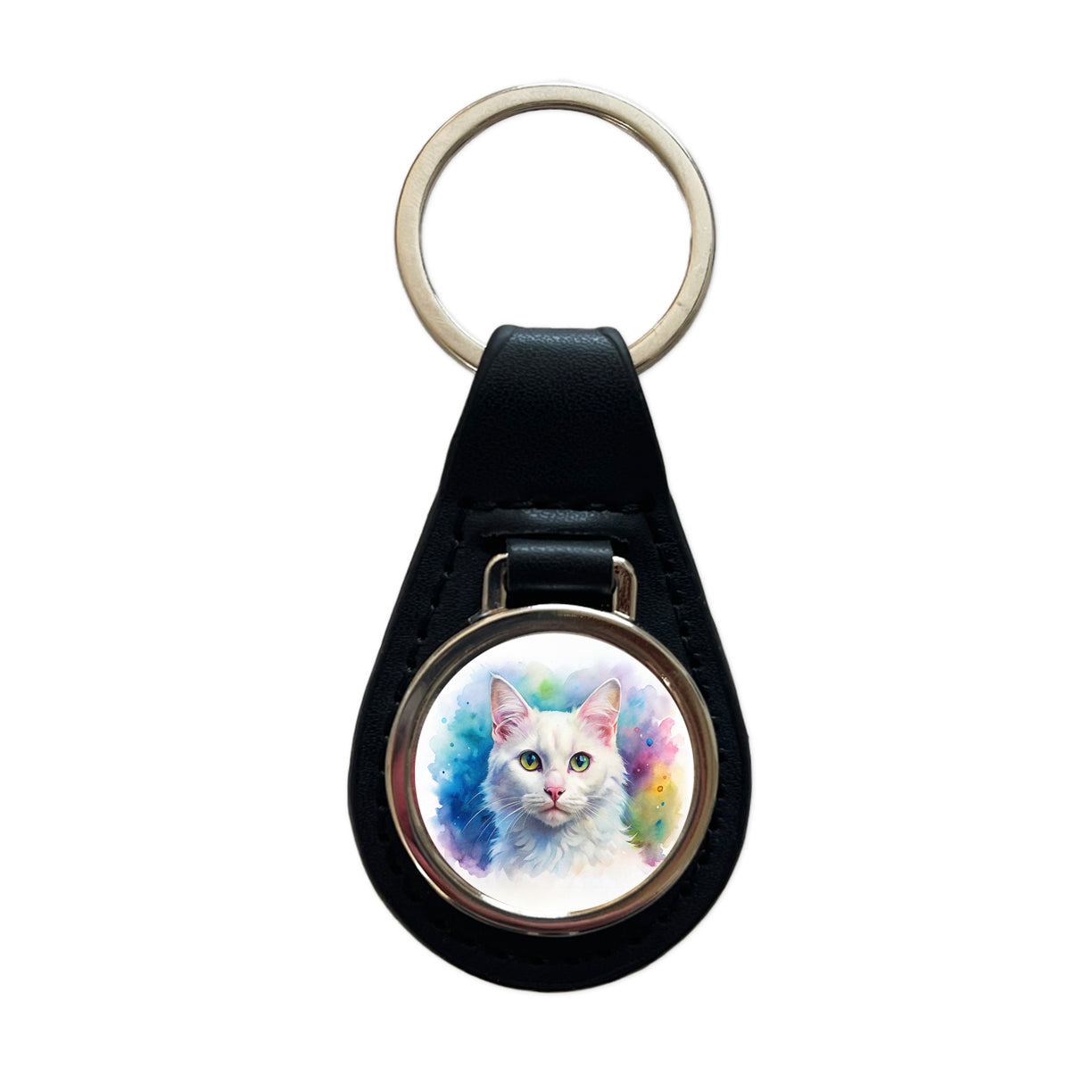 White Cat Watercolor Style Black Leather Metal Keychain