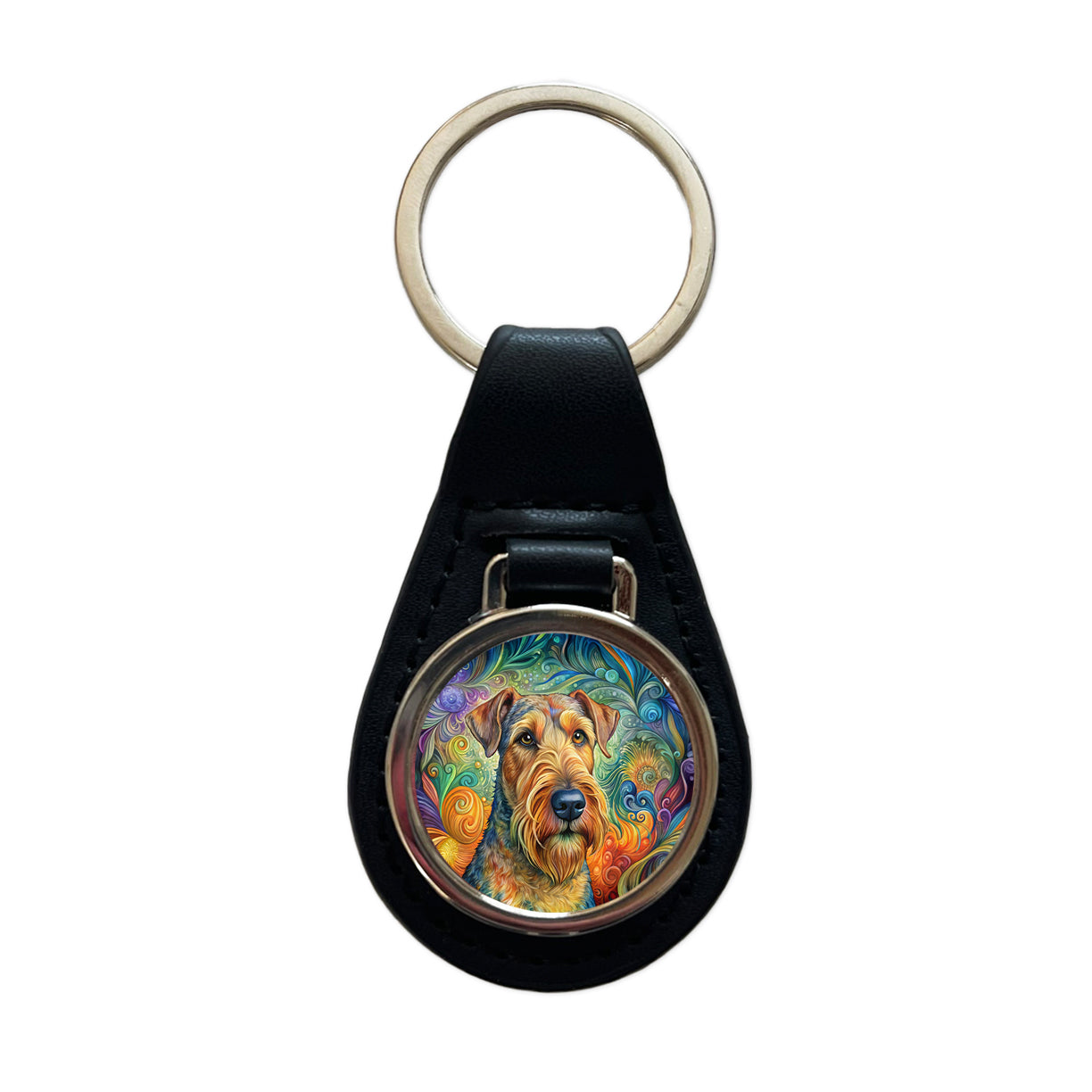 Airedale Terrier Dog Bohemian Art Black Leather Metal Keychain