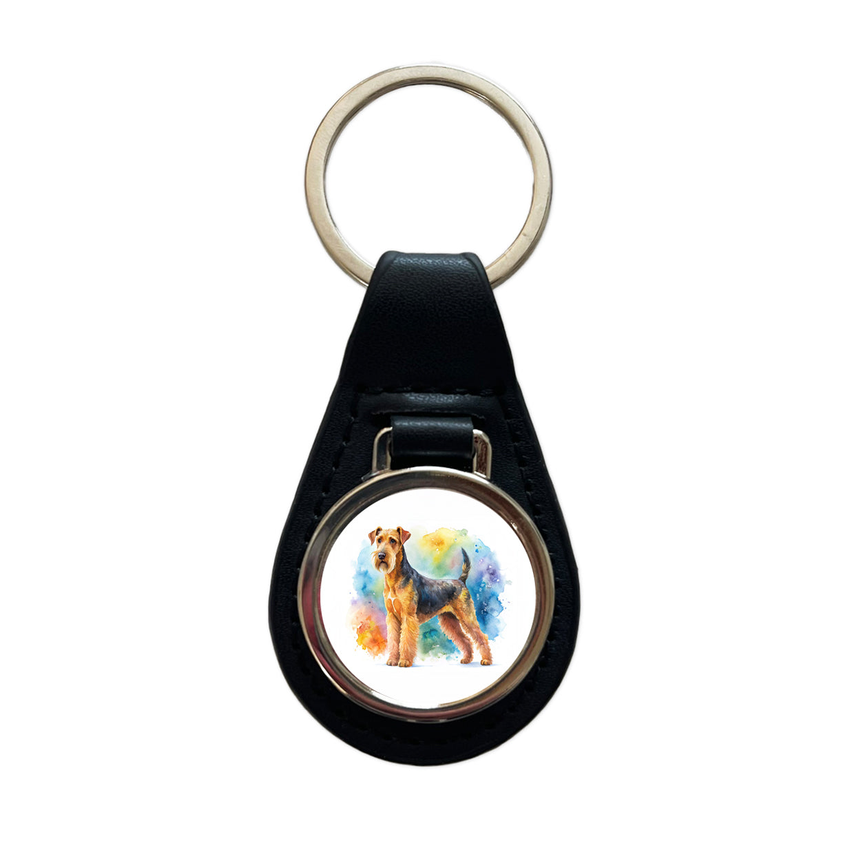 Airedale Terrier Dog Watercolor Style Black Leather Metal Keychain
