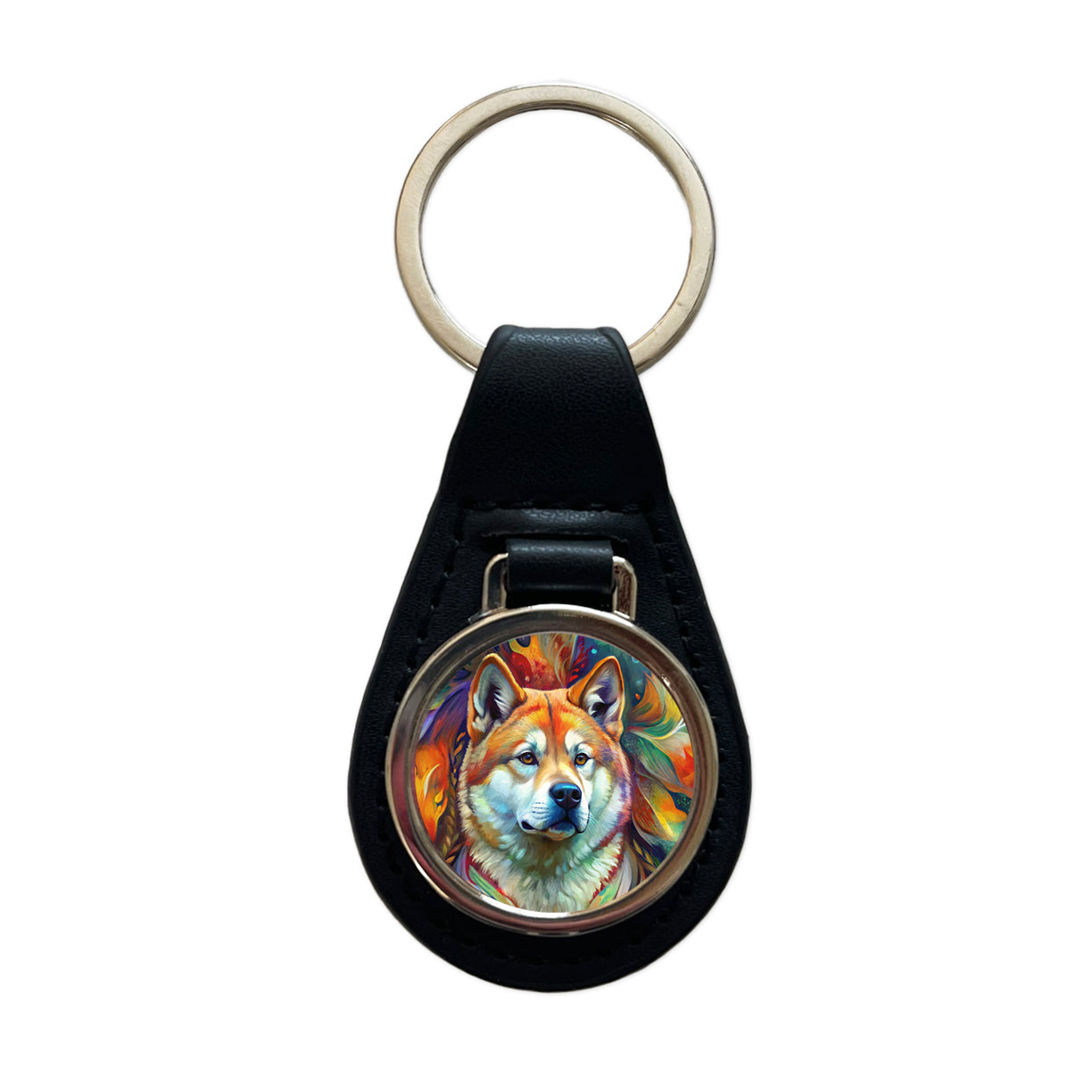 Akita Dog Abstract Art Black Leather Metal Keychain