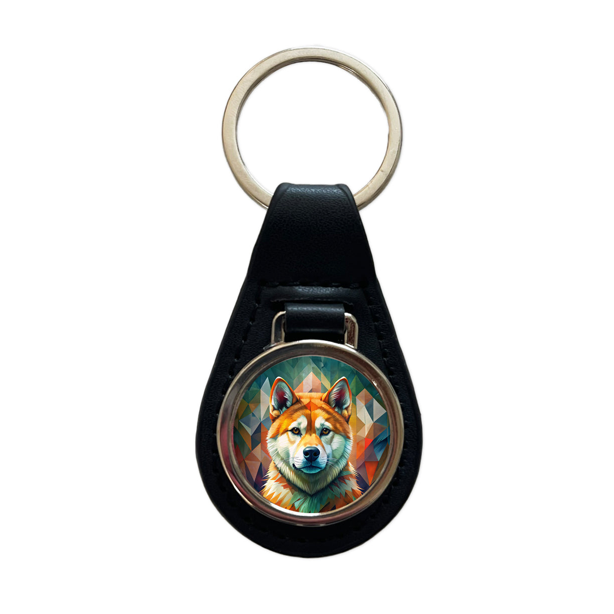 Akita Dog Contemporary Art Black Leather Metal Keychain