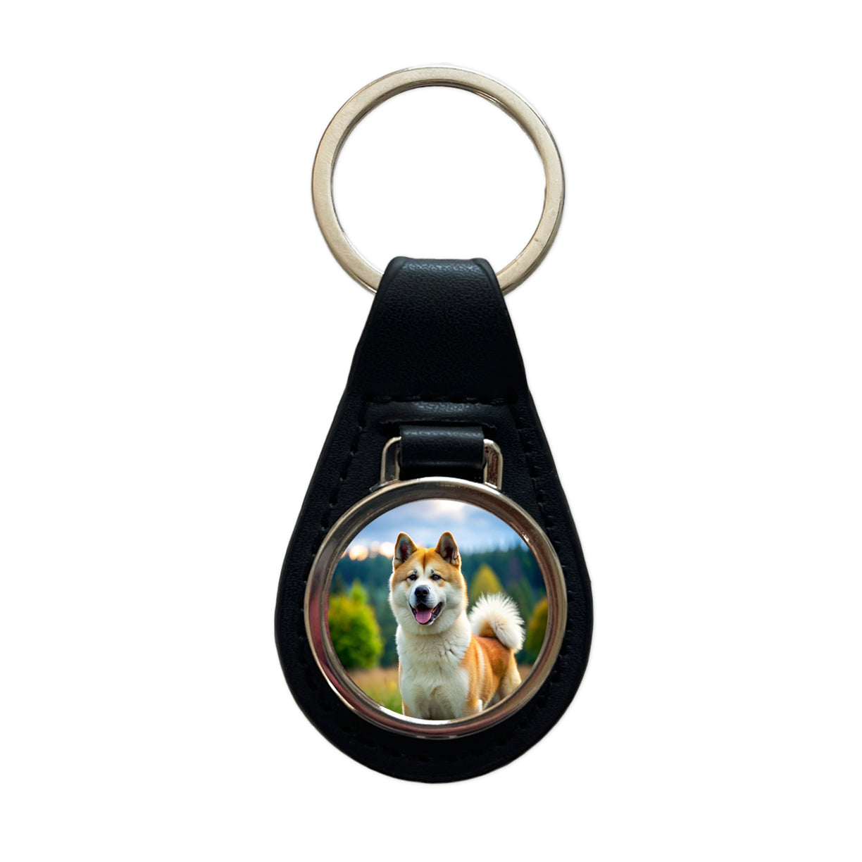 Akita Dog Photo Black Leather Metal Keychain