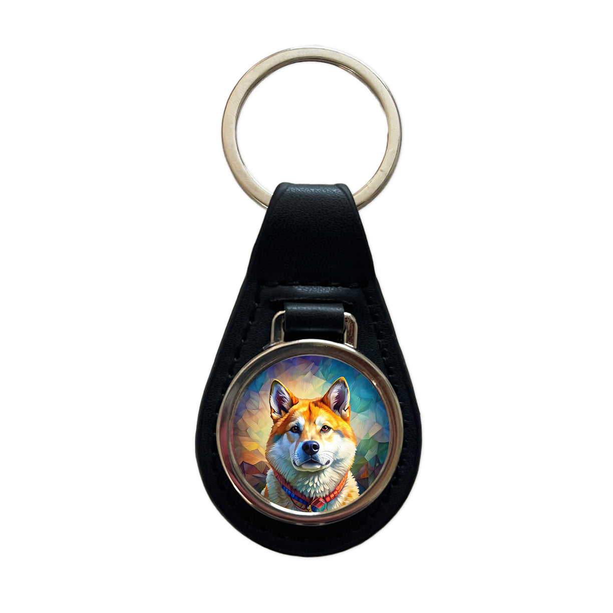 Akita Dog Pop Art Black Leather Metal Keychain