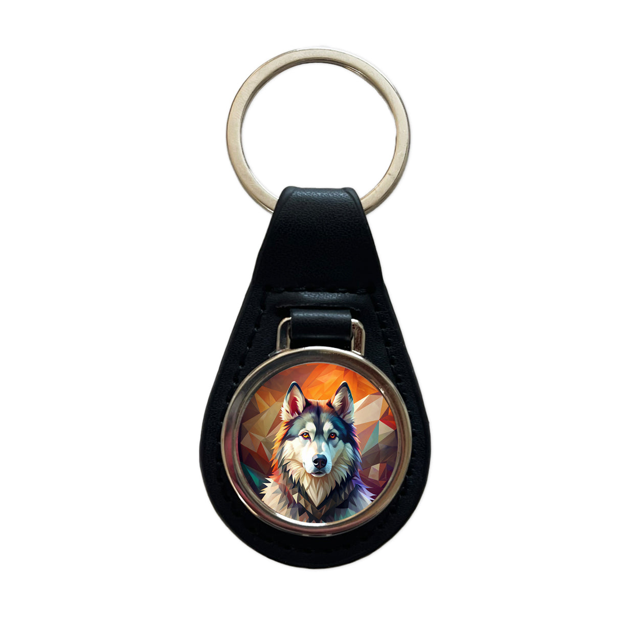Alaskan Malamute Dog Contemporary Art Black Leather Metal Keychain